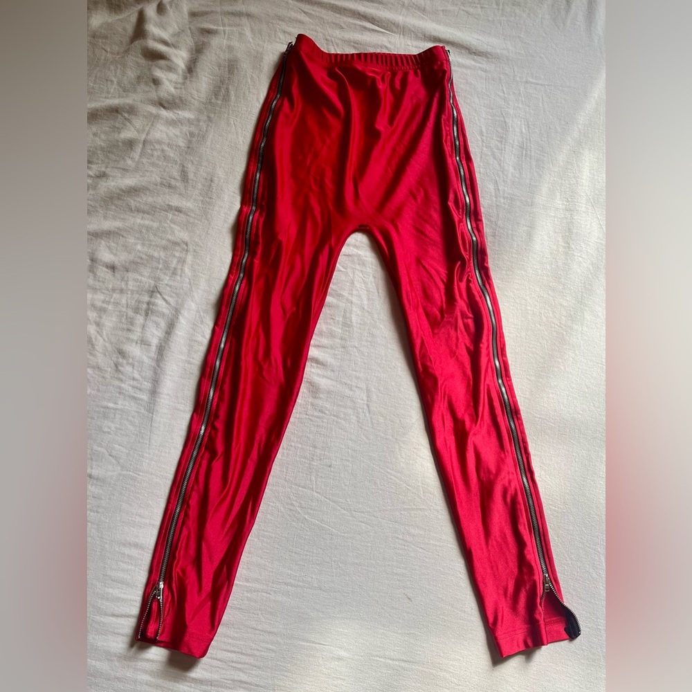 American Apparel Nylon Tricot, Full Length Side Zip Leggings in Red, size M.